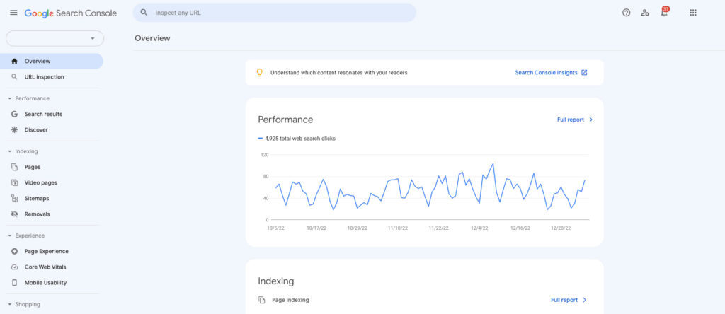 Google Search Console - Tableau de bord